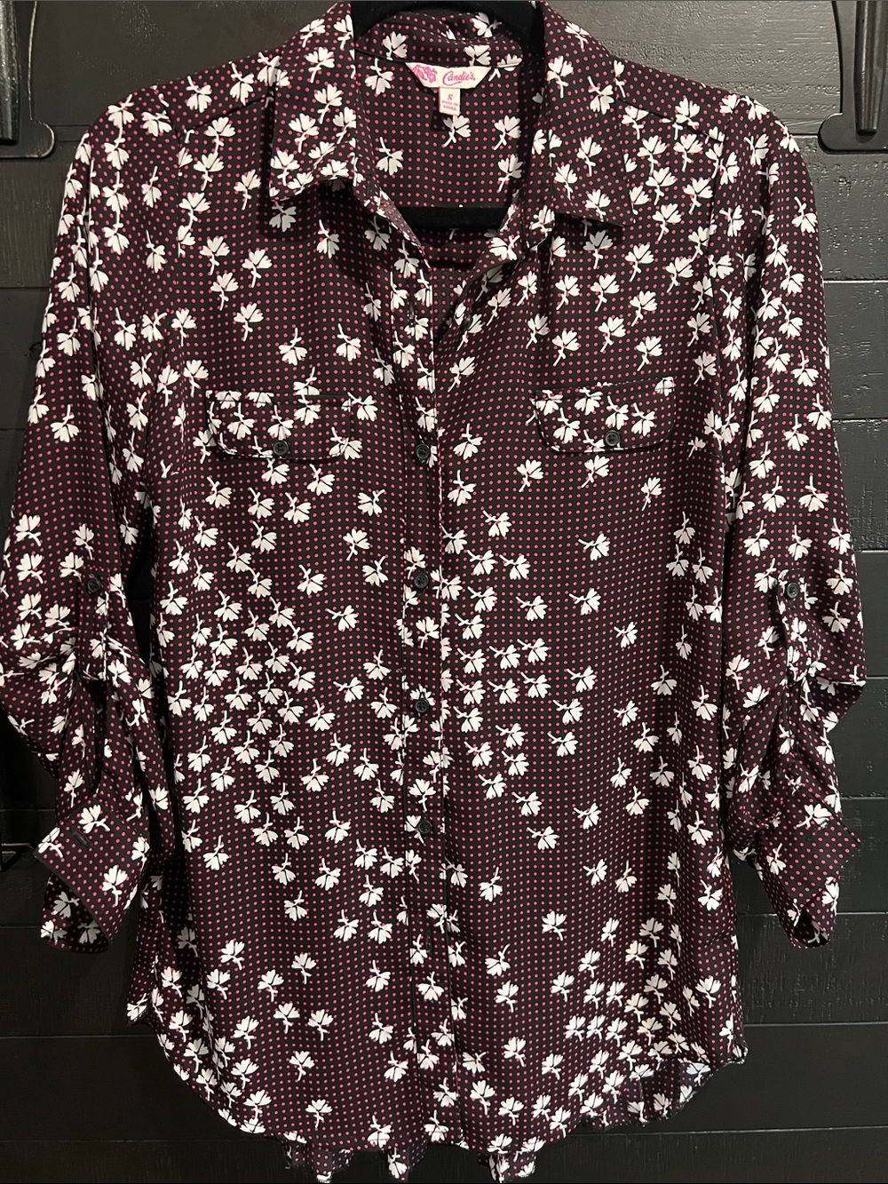 Candie's Burgundy and White Floral Button-Down Shirt